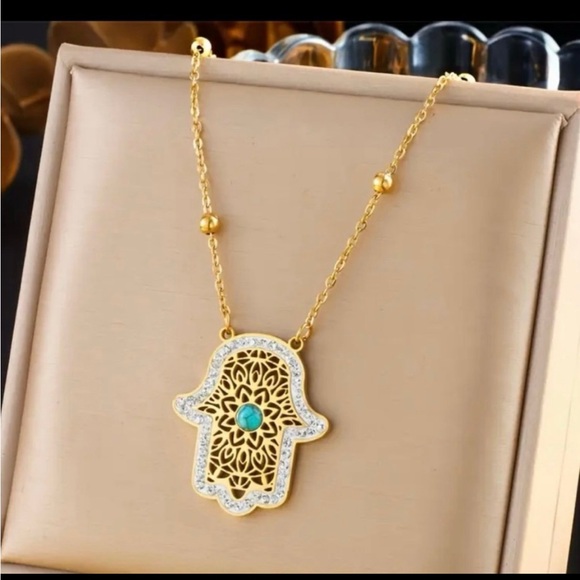 Gold and Turquoise Hamsa Necklace and Earring Set - Picture 2 of 5